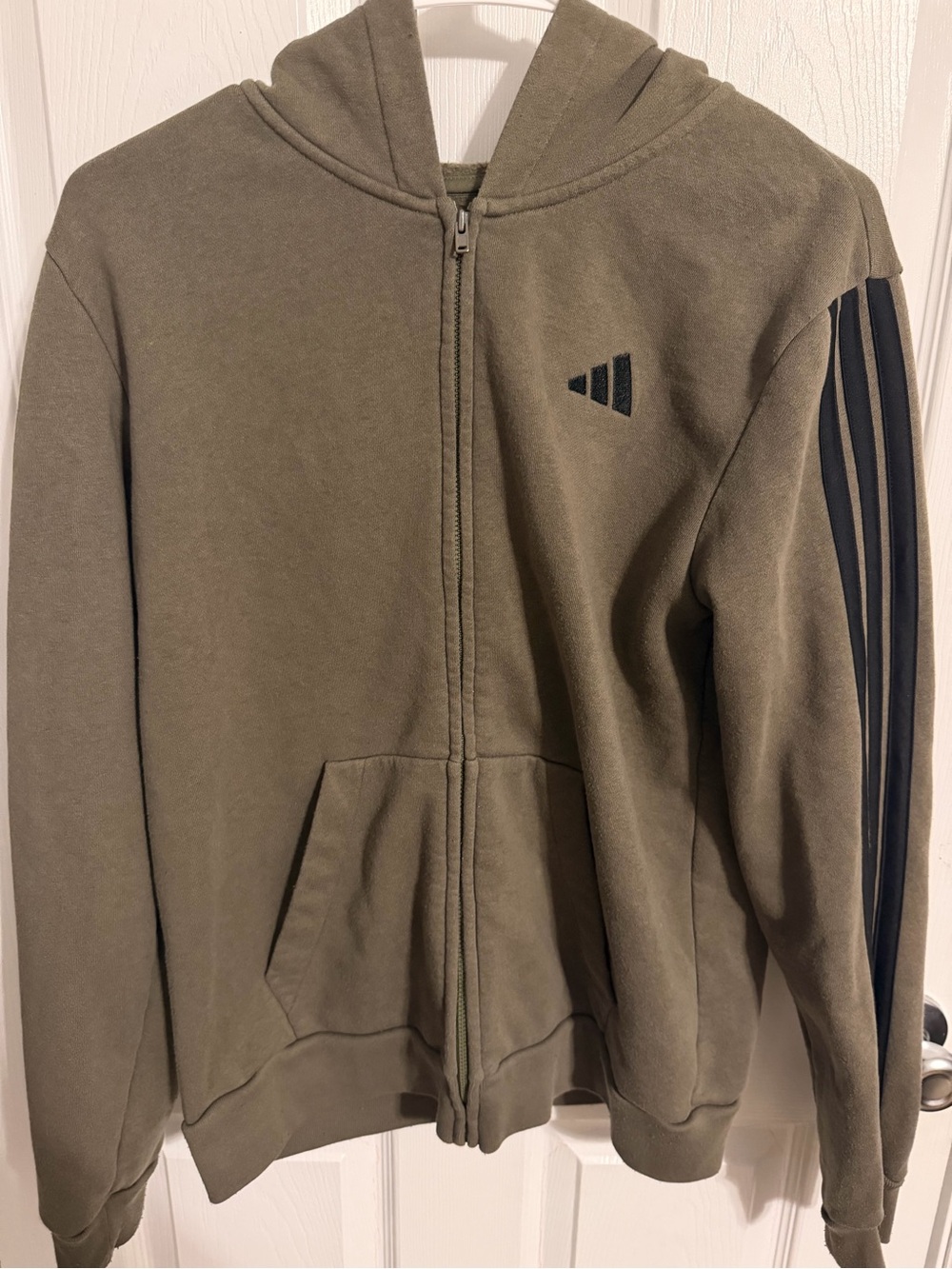 adidas Olive Green Zip-Up Hoodie with Black Stripe Sleeve